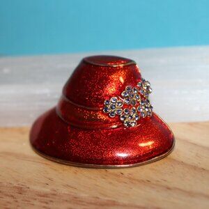 Vintage Hat Brooch Red Enamel Light Purple Rhinestone Flowers Goldtone 2"